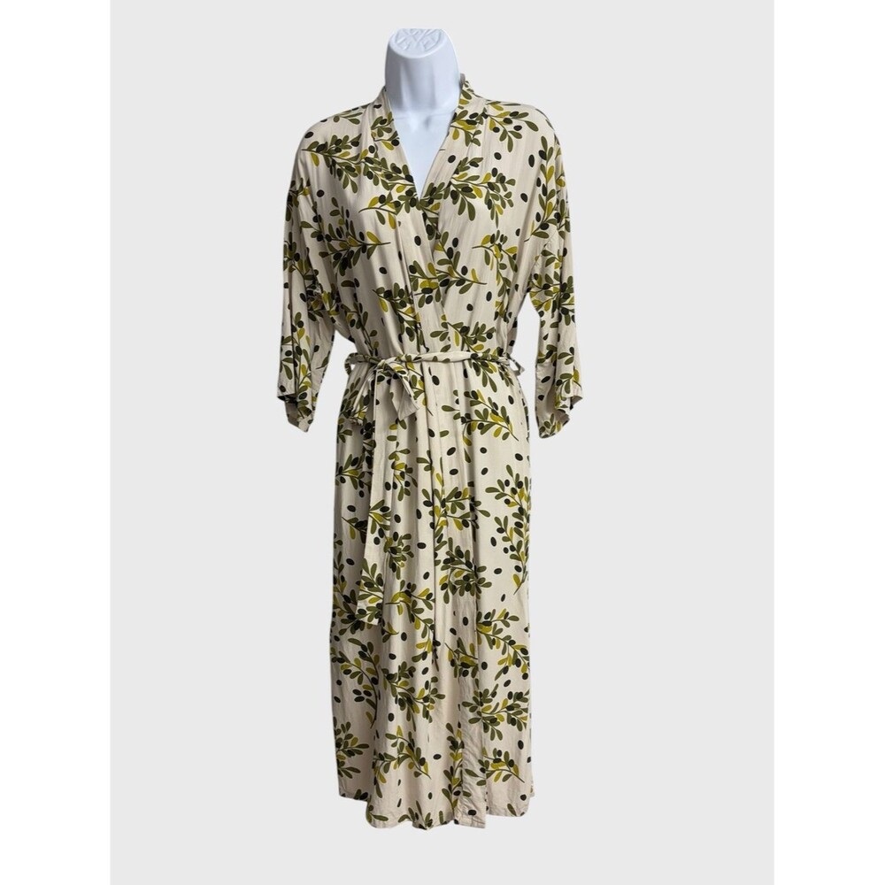Day of Blossom Olive Leaf Rayon Kimono Wrap Robe Women's Size S/M-L2 Green Cream